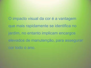 O impacto visual da cor é a vantagem
que mais rapidamente se identifica no
jardim, no entanto implicam encargos

elevados de manutenção, para assegurar
cor todo o ano.

 