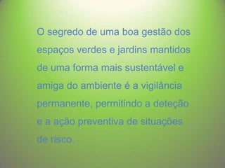 O segredo de uma boa gestão dos
espaços verdes e jardins mantidos
de uma forma mais sustentável e
amiga do ambiente é a vigilância
permanente, permitindo a deteção
e a ação preventiva de situações
de risco.

 
