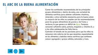 EL ABC DE LA BUENA ALIMENTACIÓN
Comer las cantidades recomendadas de los principales
grupos alimenticios y dentro de estos, una variedad de
alimentos nutritivos para obtener suficientes vitaminas,
minerales y otros nutrientes necesarios para la buena salud.
La mayoría de los niños no cumplen con las recomendaciones
para los grupos alimenticios de granos y de frutas y
verduras, lo que genera un déficit de fibra. Tampoco
consumen suficiente calcio, potasio, magnesio y vitamina E; y
a las niñas adolescentes les falta hierro.
Controlar el tamaño de las porciones para que los niños no
consuman más calorías de las que necesitan, especialmente
en los alimentos y bebidas menos nutritivos que contienen
azúcar agregada y grasas sólidas, saturadas y trans.

 