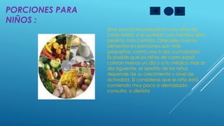PORCIONES PARA
NIÑOS :
Sirve porciones pequeñas a los niños de
corta edad, si se quedan con hambre ellos
pedirán más comida. Ofréceles nuevos
alimentos en porciones aún más
pequeñas, como una o dos cucharadas.
Es posible que los niños de corta edad
coman menos un día y a tu médico más al
día siguiente, el apetito de los niños
depende de su crecimiento y nivel de
actividad. Si consideras que el niño está
comiendo muy poco o demasiado,
consulta o dietista.

 