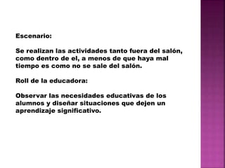 Escenario:
Se realizan las actividades tanto fuera del salón,
como dentro de el, a menos de que haya mal
tiempo es como no se sale del salón.
Roll de la educadora:
Observar las necesidades educativas de los
alumnos y diseñar situaciones que dejen un
aprendizaje significativo.
