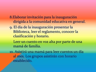 8.Elaborar invitación para la inauguración
   dirigida a la comunidad educativa en general.
9. El día de la inauguración presentar la
   Biblioteca, leer el reglamento, conocer la
   clasificación y horario.
   Leer un cuento en voz alta por parte de una
   mamá de familia.
10. Asistirá una mamá para leer cuentos un día
   al mes. Los grupos asistirán con horario
   establecido.
 