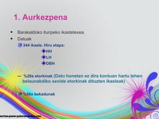 1. Aurkezpena
•   Barakaldoko itunpeko ikastetexea.
•   Datuak
        344 ikasle. Hiru etapa:
                    HH
                    LH
                    DBH


    –   %26a etorkinak (Datu honetan ez dira kontuan hartu lehen
        belaunakdiko senide etorkinak dituzten ikasleak)

        %56a bekadunak
 