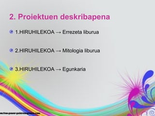 2. Proiektuen deskribapena
 1.HIRUHILEKOA → Errezeta liburua


 2.HIRUHILEKOA → Mitologia liburua


 3.HIRUHILEKOA → Egunkaria
 
