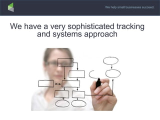 We help small businesses succeed.
We have a very sophisticated tracking
and systems approach
 