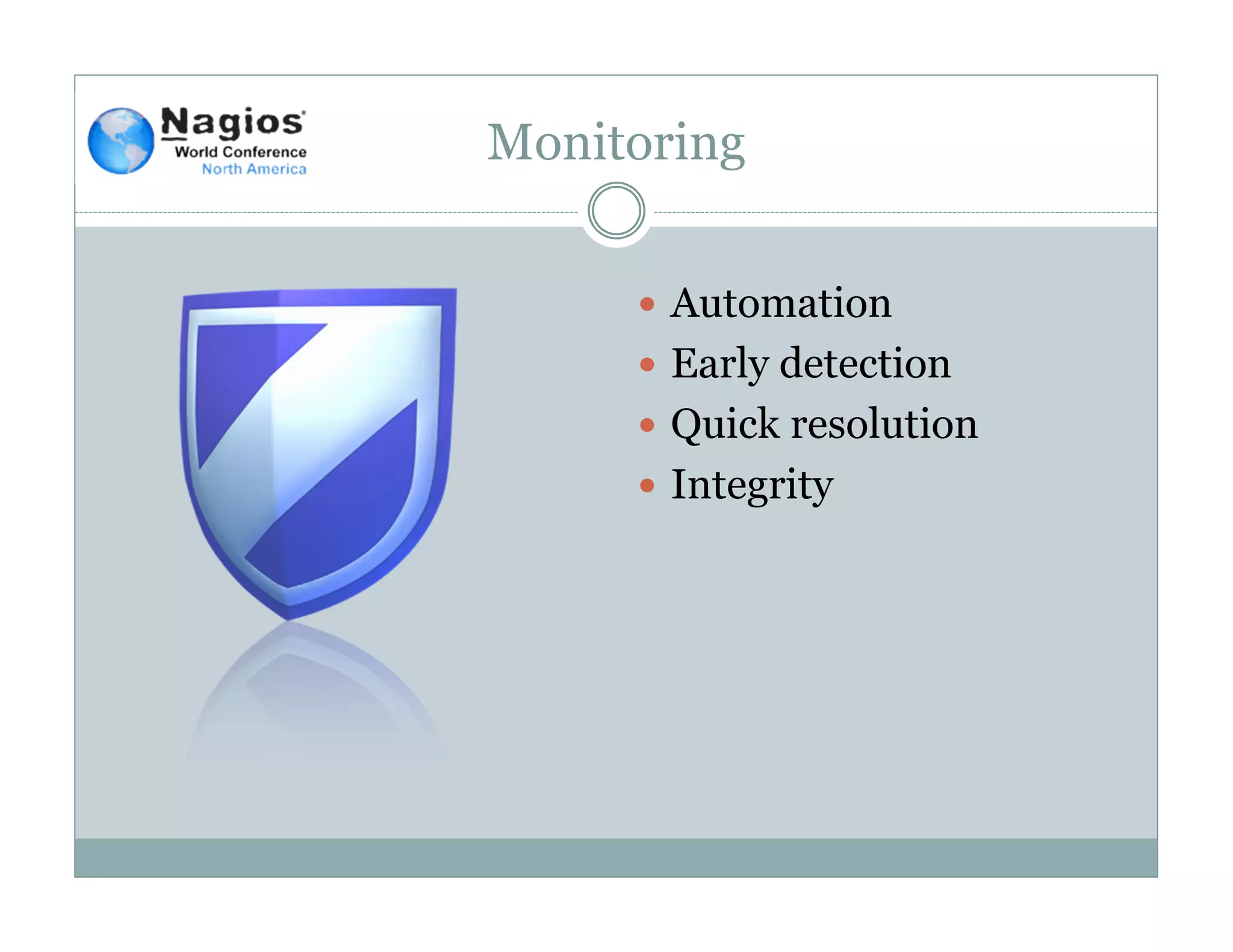 Monitoring
Automation
Early detection
Quick resolution
Integrity
