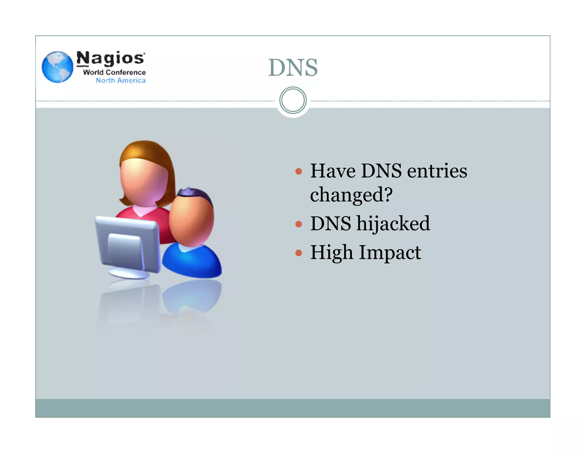 DNS
Have DNS entries
changed?
DNS hijacked
High Impact