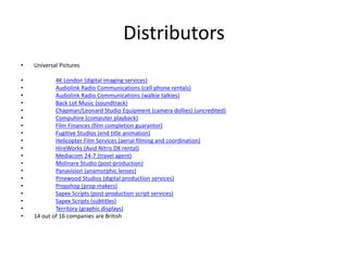 Distributors
• Universal Pictures
• 4K London (digital imaging services)
• Audiolink Radio Communications (cell phone rentals)
• Audiolink Radio Communications (walkie talkies)
• Back Lot Music (soundtrack)
• Chapman/Leonard Studio Equipment (camera dollies) (uncredited)
• Compuhire (computer playback)
• Film Finances (film completion guarantor)
• Fugitive Studios (end title animation)
• Helicopter Film Services (aerial filming and coordination)
• HireWorks (Avid Nitris DX rental)
• Mediacom 24-7 (travel agent)
• Molinare Studio (post-production)
• Panavision (anamorphic lenses)
• Pinewood Studios (digital production services)
• Propshop (prop makers)
• Sapex Scripts (post-production script services)
• Sapex Scripts (subtitles)
• Territory (graphic displays)
• 14 out of 16 companies are British
 