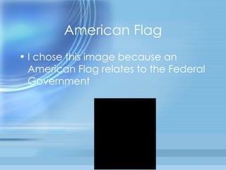 American Flag I chose this image because an American Flag relates to the Federal Government 