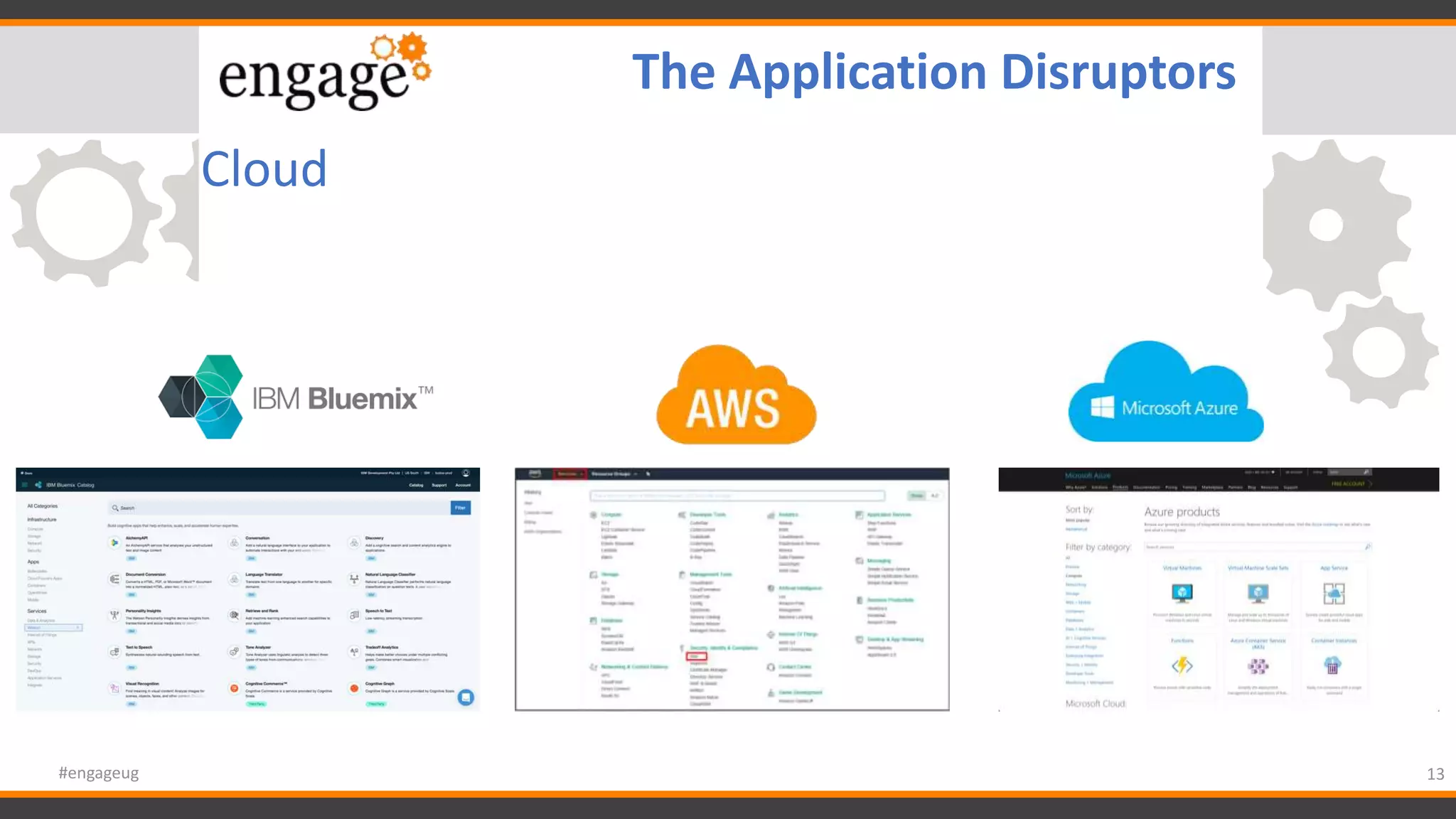 Cloud
13#engageug
The Application Disruptors
 
