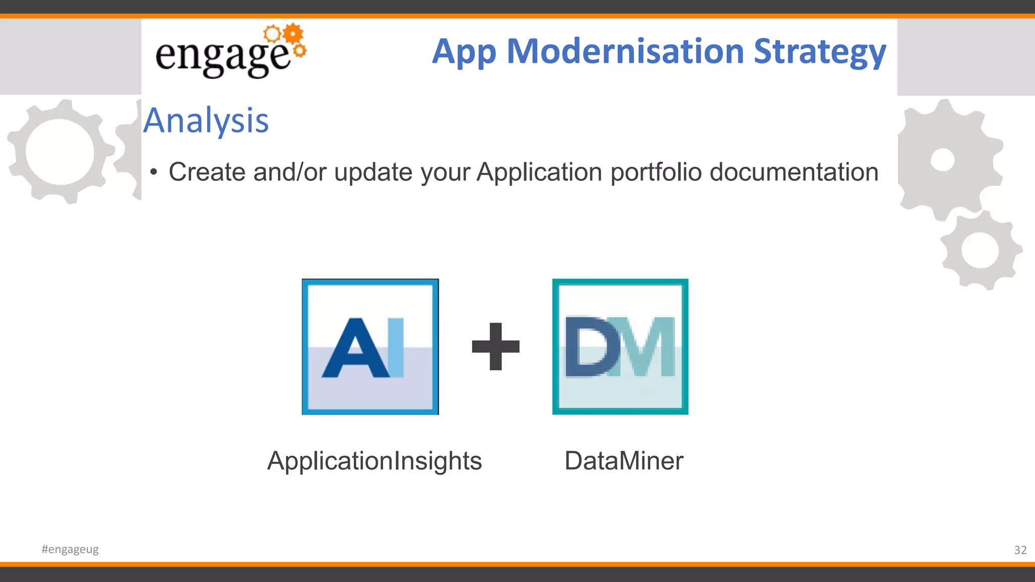 Analysis
• Create and/or update your Application portfolio documentation
32#engageug
App Modernisation Strategy
+
ApplicationInsights DataMiner
 