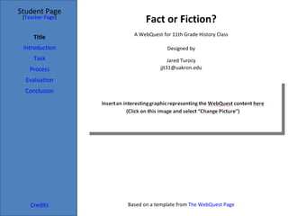 Fact or Fiction? Student Page Title Introduction Task Process Evaluation Conclusion Credits [ Teacher Page ] A WebQuest for 11th Grade History Class Designed by Jared Turocy [email_address] Based on a template from  The WebQuest Page 