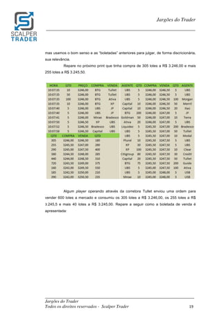 _________________________________________________________________________	
Jargões do Trader
Todos os direitos reservados - Scalper Trader 19	
	
Jargões do Trader
_________________________________________________________________________	
	
mas usamos o bom senso e as “boletadas” anteriores para julgar, de forma discricionária,
sua relevância.
Repare no próximo print que tinha compra de 305 lotes a R$ 3.246,00 e mais
255 lotes a R$ 3.245,50.
	
	
Algum player operando através da corretora Tullet enviou uma ordem para
vender 600 lotes a mercado e consumiu os 305 lotes a R$ 3.246,00, os 255 lotes a R$	
3.245,5 e mais 40 lotes a R$ 3.245,00. Repare a seguir como a boletada de venda é
apresentada:
 