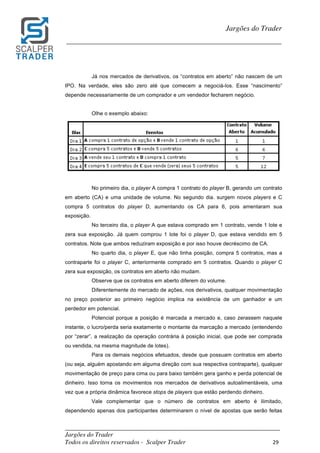 _________________________________________________________________________	
Jargões do Trader
Todos os direitos reservados - Scalper Trader 29	
	
Jargões do Trader
_________________________________________________________________________	
	
Já nos mercados de derivativos, os “contratos em aberto” não nascem de um
IPO. Na verdade, eles são zero até que comecem a negociá-los. Esse “nascimento”
depende necessariamente de um comprador e um vendedor fecharem negócio.
Olhe o exemplo abaixo:
	
No primeiro dia, o player A compra 1 contrato do player B, gerando um contrato
em aberto (CA) e uma unidade de volume. No segundo dia. surgem novos players e C
compra 5 contratos do player D, aumentando os CA para 6, pois amentaram sua
exposição.
No terceiro dia, o player A que estava comprado em 1 contrato, vende 1 lote e
zera sua exposição. Já quem comprou 1 lote foi o player D, que estava vendido em 5
contratos. Note que ambos reduziram exposição e por isso houve decréscimo de CA.
No quarto dia, o player E, que não tinha posição, compra 5 contratos, mas a
contraparte foi o player C, anteriormente comprado em 5 contratos. Quando o player C
zera sua exposição, os contratos em aberto não mudam.
Observe que os contratos em aberto diferem do volume.
Diferentemente do mercado de ações, nos derivativos, qualquer movimentação
no preço posterior ao primeiro negócio implica na existência de um ganhador e um
perdedor em potencial.
Potencial porque a posição é marcada a mercado e, caso zerassem naquele
instante, o lucro/perda seria exatamente o montante da marcação a mercado (entendendo
por “zerar”, a realização da operação contrária à posição inicial, que pode ser comprada
ou vendida, na mesma magnitude de lotes).
Para os demais negócios efetuados, desde que possuam contratos em aberto
(ou seja, alguém apostando em alguma direção com sua respectiva contraparte), qualquer
movimentação de preço para cima ou para baixo também gera ganho e perda potencial de
dinheiro. Isso torna os movimentos nos mercados de derivativos autoalimentáveis, uma
vez que a própria dinâmica favorece stops de players que estão perdendo dinheiro.
Vale complementar que o número de contratos em aberto é ilimitado,
dependendo apenas dos participantes determinarem o nível de apostas que serão feitas
 
