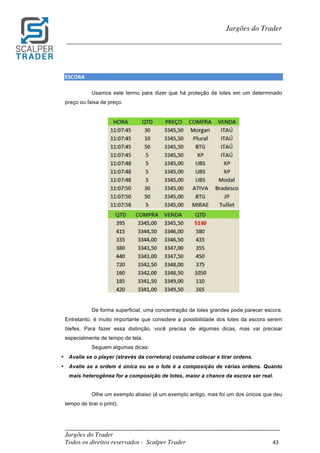 _________________________________________________________________________	
Jargões do Trader
Todos os direitos reservados - Scalper Trader 43	
	
Jargões do Trader
_________________________________________________________________________	
	
ESCORA																																													
Usamos este termo para dizer que há proteção de lotes em um determinado
preço ou faixa de preço.
	
	
De forma superficial, uma concentração de lotes grandes pode parecer escora.
Entretanto, é muito importante que considere a possibilidade dos lotes da escora serem
blefes. Para fazer essa distinção, você precisa de algumas dicas, mas vai precisar
especialmente de tempo de tela.
Seguem algumas dicas:
• Avalie se o player (através da corretora) costuma colocar e tirar ordens.
• Avalie se a ordem é única ou se o lote é a composição de várias ordens. Quanto
mais heterogênea for a composição de lotes, maior a chance da escora ser real.
Olhe um exemplo abaixo (é um exemplo antigo, mas foi um dos únicos que deu
tempo de tirar o print).
 