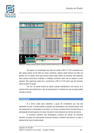 _________________________________________________________________________	
Jargões do Trader
Todos os direitos reservados - Scalper Trader 44	
	
Jargões do Trader
_________________________________________________________________________	
	
	
	
Se reparar na composição dos lotes da venda a R$ 2.111,50, perceberá que
são várias ordens de 50 lotes de várias corretoras. Apesar desta barreira de lotes ser
grande, era um player único que enviava todas essas ordens ao mercado. Nós sabemos
disso porque procuramos entender o metajogo (conhecer quem são os players e como
operam). Nós operamos neste dia e compramos a R$ 2.111,50 assim que ele cancelou
todos os lotes na venda.
Por fim, há várias formas de operar quando identificamos uma escora. E a
variável chave para determinar o tipo de operacional é o contexto em que os preços estão
tocando a escora.
	
	
ESTRANGEIRO																																																															
É o termo usado para classificar o grupo de investidores que não são
residentes no país. A bolsa publica a posição dos estrangeiros nos diversos ativos, mas
não especifica se o estrangeiro é um banco, um fundo ou pessoa física. De toda forma, a
participação de estrangeiros em nosso mercado é muito relevante em termos de volume.
O processo decisório dos estrangeiros costuma ser similar ao processo
decisório do grupo de institucionais nacionais (fundos) e também dos bancos, ou seja, é
basicamente macro fundamentado.
 