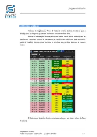 _________________________________________________________________________	
Jargões do Trader
Todos os direitos reservados - Scalper Trader 53	
	
Jargões do Trader
_________________________________________________________________________	
	
HISTÓRICO	DE	NEGÓCIOS																																																															
Histórico de negócios ou Times & Trades é o nome da tela através da qual a
Bolsa publica os negócios que foram realizados em determinado ativo.
Apesar da mensagem emitida pela bolsa conter várias outras informações, as
plataformas costumam resumir a mensagem de negócios em data/hora, lote negociado,
preço do negócio, corretora que comprou e corretora que vendeu. Vejamos a imagem
abaixo:
	
	
	
O Histórico de Negócios é determinante para traders que fazem leitura do fluxo
de ordens.
 