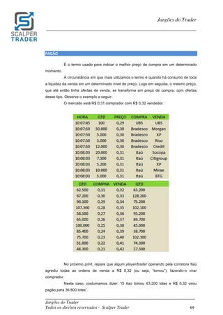 _________________________________________________________________________	
Jargões do Trader
Todos os direitos reservados - Scalper Trader 69	
	
Jargões do Trader
_________________________________________________________________________	
	
PAGÃO	
É o termo usado para indicar o melhor preço de compra em um determinado
momento.
A circunstância em que mais utilizamos o termo é quando há consumo de toda
a liquidez da venda em um determinado nível de preço. Logo em seguida, o mesmo preço,
que até então tinha ofertas de venda, se transforma em preço de compra, com ofertas
desse tipo. Observe o exemplo a seguir:
O mercado está R$ 0,31 comprador com R$ 0,32 vendedor.
	
	
No próximo print, repare que algum player/trader operando pela corretora Itaú
agrediu todas as ordens de venda a R$ 0,32 (ou seja, “tomou”), fazendo-o virar
comprador.
Neste caso, costumamos dizer: “O Itaú tomou 63.200 lotes e R$ 0,32 virou
pagão para 36.800 lotes”.
 