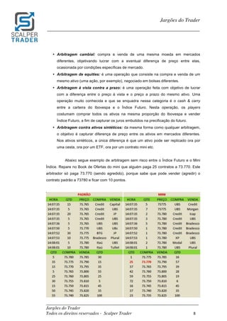 _________________________________________________________________________	
Jargões do Trader
Todos os direitos reservados - Scalper Trader 8	
	
Jargões do Trader
_________________________________________________________________________	
	
• Arbitragem cambial: compra e venda de uma mesma moeda em mercados
diferentes, objetivando lucrar com a eventual diferença de preço entre elas,
ocasionada por condições específicas de mercado.
• Arbitragem de equities: é uma operação que consiste na compra e venda de um
mesmo ativo (uma ação, por exemplo), negociado em bolsas diferentes.
• Arbitragem à vista contra a prazo: é uma operação feita com objetivo de lucrar
com a diferença entre o preço à vista e o preço a prazo do mesmo ativo. Uma
operação muito conhecida e que se enquadra nessa categoria é o cash & carry
entre a carteira do Ibovespa e o Índice Futuro. Nesta operação, os players
costumam comprar todos os ativos na mesma proporção do Ibovespa e vender
Índice Futuro, a fim de capturar os juros embutidos na precificação do futuro.
• Arbitragem contra ativos sintéticos: da mesma forma como qualquer arbitragem,
o objetivo é capturar diferença de preço entre os ativos em mercados diferentes.
Nos ativos sintéticos, a única diferença é que um ativo pode ser replicado ora por
uma cesta, ora por um ETF, ora por um contrato mini etc.
Abaixo segue exemplo de arbitragem sem risco entre o Índice Futuro e o Mini
Índice. Repare no Book de Ofertas do mini que alguém paga 25 contratos a 73.770. Este
arbitrador só paga 73.770 (sendo agredido), porque sabe que pode vender (agredir) o
contrato padrão a 73780 e ficar com 10 pontos.
	
	
 