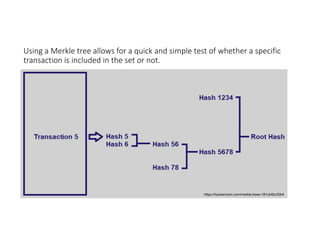 Using	a	Merkle tree	allows	for	a	quick	and	simple	test	of	whether	a	specific	
transaction	is	included	in	the	set	or	not.
https://hackernoon.com/merkle-trees-181cb4bc30b4
 