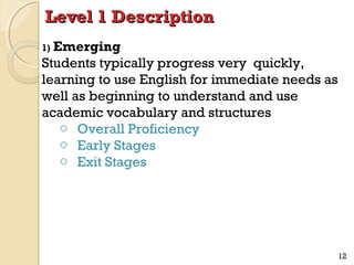 Level 1 Description
Emerging
Students typically progress very quickly,
learning to use English for immediate needs as
well as beginning to understand and use
academic vocabulary and structures
o Overall Proficiency
o Early Stages
o Exit Stages
1)

12

 