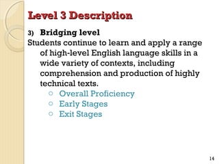Level 3 Description
Bridging level
Students continue to learn and apply a range
of high‐level English language skills in a
wide variety of contexts, including
comprehension and production of highly
technical texts.
o Overall Proficiency
o Early Stages
o Exit Stages
3)

14

 