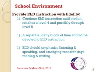 School Environment
Provide ELD instruction with fidelity!
1) Continue ELD instruction until student
reaches a level 4 and possibly through
level 5
1) A separate, daily block of time should be
devoted to ELD instruction
1) ELD should emphasize listening &
speaking, and emerging research says
reading & writing

Saunders & Marcelleti, 2013

19

 