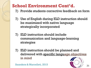 School Environment Cont’d.
7) Provide students corrective feedback on form
7) Use of English during ELD instruction should
be maximized with native language
strategically incorporated
7) ELD instruction should include
communication and language-learning
strategies
7) ELD instruction should be planned and
delivered with specific language objectives
in mind
Saunders & Marcelleti, 2013

21

 