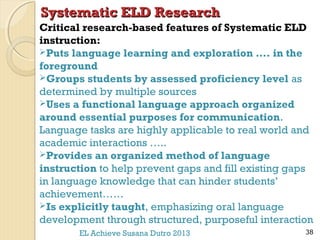 Systematic ELD Research
Critical research-based features of Systematic ELD
instruction:
Puts language learning and exploration …. in the
foreground
Groups students by assessed proficiency level as
determined by multiple sources
Uses a functional language approach organized
around essential purposes for communication.
Language tasks are highly applicable to real world and
academic interactions …..
Provides an organized method of language
instruction to help prevent gaps and fill existing gaps
in language knowledge that can hinder students’
achievement……
Is explicitly taught, emphasizing oral language
development through structured, purposeful interaction
EL Achieve Susana Dutro 2013

38

 