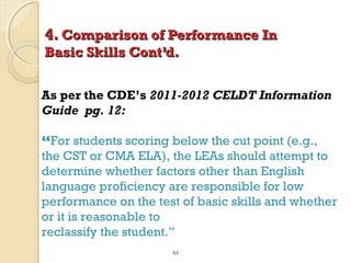 4. Comparison of Performance In
Basic Skills Cont’d.

As per the CDE’s 2011-2012 CELDT Information
Guide pg. 12:
“For students scoring below the cut point (e.g.,
the CST or CMA ELA), the LEAs should attempt to
determine whether factors other than English
language proficiency are responsible for low
performance on the test of basic skills and whether
or it is reasonable to
reclassify the student.”
53

 