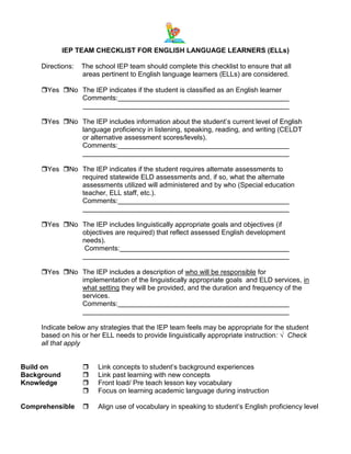 IEP TEAM CHECKLIST FOR ENGLISH LANGUAGE LEARNERS (ELLs)
Directions:

The school IEP team should complete this checklist to ensure that all
areas pertinent to English language learners (ELLs) are considered.

Yes No The IEP indicates if the student is classified as an English learner
Comments:
Yes No The IEP includes information about the student’s current level of English
language proficiency in listening, speaking, reading, and writing (CELDT
or alternative assessment scores/levels).
Comments:
Yes No The IEP indicates if the student requires alternate assessments to
required statewide ELD assessments and, if so, what the alternate
assessments utilized will administered and by who (Special education
teacher, ELL staff, etc.).
Comments:
Yes No The IEP includes linguistically appropriate goals and objectives (if
objectives are required) that reflect assessed English development
needs).
Comments:
Yes No The IEP includes a description of who will be responsible for
implementation of the linguistically appropriate goals and ELD services, in
what setting they will be provided, and the duration and frequency of the
services.
Comments:

Indicate below any strategies that the IEP team feels may be appropriate for the student
based on his or her ELL needs to provide linguistically appropriate instruction: √ Check
all that apply

Build on
Background
Knowledge






Link concepts to student’s background experiences
Link past learning with new concepts
Front load/ Pre teach lesson key vocabulary
Focus on learning academic language during instruction

Comprehensible



Align use of vocabulary in speaking to student’s English proficiency level

 