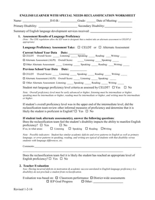ENGLISH LEARNER WITH SPECIAL NEEDS RECLASSIFICATION WORKSHEET
Name:

D.O.B.:

Grade:

Primary Disability:

Date of Meeting:

Secondary Disability:

Summary of English language development services received:
1. Assessment Results of Language Proficiency
(Note: The CDE regulations allow the IEP team to designate that a student take an alternate assessment to CELDT if
appropriate)

Language Proficiency Assessment Take:  CELDT or  Alternate Assessment
Current School Year Data
 CELDT

Date: ___________

Overall Score: _____ Listening: _____ Speaking: _____ Reading: ____Writing: _____

 Alternate Assessment (ALPI)

Overall Score:

_____ Listening: _____Speaking: _____

 Other Alternate Assessment: _____ Listening: _____ Speaking: _____ Reading: ____Writing: _____

Previous School Year Data
 CELDT

Date: ___________

Overall Score: _____ Listening: _____ Speaking: _____ Reading: _____ Writing: _____

 Alternate Assessment (ALPI)

Overall Score: _____ Listening: _____ Speaking: _____

 Other Alternate Assessment: Listening: _____ Speaking: _____ Reading: _____ Writing: _____

Student met language proficiency level criteria as assessed by CELDT?  Yes

 No

Note: Overall proficiency level must be early advanced or higher, listening must be intermediate or higher,
speaking must be intermediate or higher, reading must be intermediate or higher, and writing must be intermediate
or higher.

If student’s overall proficiency level was in the upper end of the intermediate level, did the
reclassification team review other informal measures of proficiency and determine that it is
likely the student is proficient in English?  Yes  No
If student took alternate assessment(s), answer the following questions:
Does the reclassification team feel the student’s disability impacts the ability to manifest English
proficiency?  Yes
 No
If so, in what areas:
 Listening  Speaking  Reading Writing
Note: Possible indicators: Student has similar academic deficits and error patterns in English as well as primary
language, or error patterns in speaking, reading, and writing are typical of students with that disability versus
students with language differences, etc.
Comments:

Does the reclassification team feel it is likely the student has reached an appropriate level of
English proficiency?  Yes  No
2. Teacher Evaluation
Note: Having incurred deficits in motivation & academic success unrelated to English language proficiency (i.e.
disability) do not preclude a student from reclassification.

Evaluation was based on:  Classroom performance  District-wide assessments
 IEP Goal Progress
 Other:
Revised 1-2-14

 