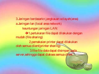 3.Jaringan berdasarkn jangkauan wilayah(area)
a.Jaringan lan (local area network)
     keuntungan jaringan LAN:
       1.pertukaran file dapat dilakukan dengan
mudah (file sharing)
          2.pemakaian printer dapat dilakukan
oleh semua client(printer sharing)
           3.file-file data dapat disimpan pada
server,sehingga dapat diakses semua client
 