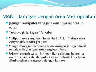 MAN = Jaringan dengan Area Metropolitan 
Jaringan komputer yang jangkauannya mencakup 
kota. 
Teknologi: jaringan TV kabel 
Meliputi area yang lebih besar dari LAN, misalnya antar 
wilayah dalam satu propinsi. 
Menghubungkan beberapa buah jaringan-jaringan kecil 
ke dalam lingkungan area yang lebih besar 
Sebagai contoh yaitu : jaringan Bank dimana beberapa 
kantor cabang sebuah bank di dalam sebuah kota besar 
dihubungkan antara satu dengan lainnya 
 