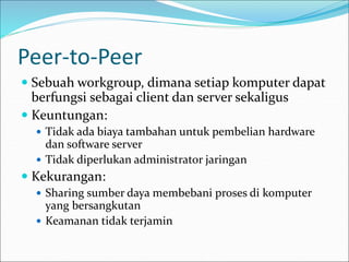 Peer-to-Peer
 Sebuah workgroup, dimana setiap komputer dapat
berfungsi sebagai client dan server sekaligus
 Keuntungan:
 Tidak ada biaya tambahan untuk pembelian hardware
dan software server
 Tidak diperlukan administrator jaringan
 Kekurangan:
 Sharing sumber daya membebani proses di komputer
yang bersangkutan
 Keamanan tidak terjamin
 