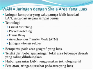 WAN = Jaringan dengan Skala Area Yang Luas
 Jaringan komputer yang cakupannya lebih luas dari
LAN, yaitu dari negara sampai benua.
 Teknologi:
 Circuit Switching
 Packet Switching
 Frame Relay
 Asynchronous Transfer Mode (ATM)
 Jaringan wireless seluler
 Beroperasi pada area geografi yang luas
 Terdiri dari beberapa jaringan lokal area beberapa daerah
yang saling dihubungkan
 Hubungan antar LAN menggunakan teknologi serial
 Peralatan jaringan tersebar pada area yang luas
 