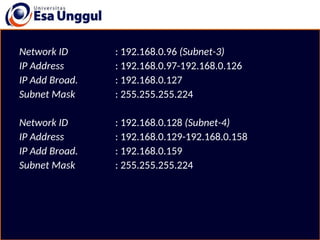 Network ID : 192.168.0.96 (Subnet-3)
IP Address : 192.168.0.97-192.168.0.126
IP Add Broad. : 192.168.0.127
Subnet Mask : 255.255.255.224
Network ID : 192.168.0.128 (Subnet-4)
IP Address : 192.168.0.129-192.168.0.158
IP Add Broad. : 192.168.0.159
Subnet Mask : 255.255.255.224
 