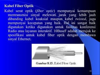 24
Kabel Fiber Optik
Kabel serat optik (fiber optic) mempunyai kemampuan
mentransmisi sinyal melewati jarak yang lebih jauh
dibanding kabel koaksial maupun kabel twisted, juga
mempunyai kecepatan yang baik. Hal ini sangat baik
digunakan ketika digunakan untuk fasilitas konferensi
Radio atau layanan interaktif. 10BaseF adalah merujuk ke
spesifikasi untuk kabel fiber optik dengan membawa
sinyal Ethernet.
 