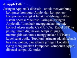 31
d. AppleTalk
Jaringan Appletalk didesain, untuk menyambung
komputer-komputer Apple, dan komponen-
komponen perangkat lunaknya dibangun dalam
sistem operasi Macitosh. Jaringan-jaringan
Appletalk / Localtalk menggunakan metode
kontrol Akses media CSMA / CA. Kabel STP itu
paling umum digunakan, tetapi itu juga
memungkinkan untuk menggunakan UTP atau
kabel serat optik. Topologi jaringan adalah sebuah
bus atau pohon, dan sebuah jaringan Localtalk
(yang menggunakan komponen-komponen Apple)
dibatasi sampai 32 nodes
 