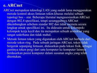 32
e. ARCnet
ARCnet merupakan teknologi LAN yang sudah lama menggunakan
metode kontrol akses lintasan token khusus melalui sebuah
topologi bus – star. Beberapa literatur mengasosiasikan ARCnet
dengan 802.4 spesifikasi, tetapi sesungguhnya ARCnet
dikembangkan sebelum standar 802 dan tidak memeta secara
lengkap utnuk spesifikasi ini. Itu didesain untuk kelompok-
kelompok kerja kecil dan itu merupakan sebuah arsitektur yang
sangat sederhana dan tidak mahal.
 Metode lintasn token yang digunakan oleh ARCnet berbeda dari
metode token ring. Pada sebuah jaringan ARCnet, token tidak
bergerak sepanjang lintasan, didasarkan pada lokasi fisik, sebagai
gantinya token pergi dari satu komputer ke komputer lainnya
berdasarkan posisi komputer dalam susunan angka yang telah
ditentukan.
 