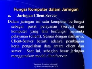 "Pengantar Teknologi Informasi",
Aji Supriyanto,salemba-jkt-2005
5
Fungsi Komputer dalam Jaringan
Fungsi Komputer dalam Jaringan
a. Jaringan Client Server
Dalam jaringan ini satu komputer berfungsi
sebagai pusat pelayanan (server) dan
komputer yang lain berfungsi meminta
pelayanan (client). Sesuai dengan namanya,
Client-Server berarti adanya pembagian
kerja pengolahan data antara client dan
server . Saat ini, sebagian besar jaringan
menggunakan model client/server.
 