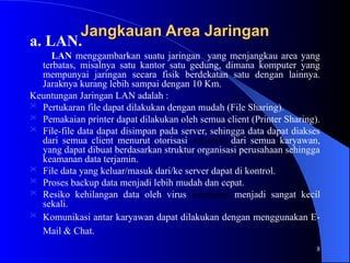 8
Jangkauan Area Jaringan
Jangkauan Area Jaringan
a. LAN.
LAN menggambarkan suatu jaringan yang menjangkau area yang
terbatas, misalnya satu kantor satu gedung, dimana komputer yang
mempunyai jaringan secara fisik berdekatan satu dengan lainnya.
Jaraknya kurang lebih sampai dengan 10 Km.
Keuntungan Jaringan LAN adalah :
 Pertukaran file dapat dilakukan dengan mudah (File Sharing).
 Pemakaian printer dapat dilakukan oleh semua client (Printer Sharing).
 File-file data dapat disimpan pada server, sehingga data dapat diakses
dari semua client menurut otorisasi sekuritas dari semua karyawan,
yang dapat dibuat berdasarkan struktur organisasi perusahaan sehingga
keamanan data terjamin.
 File data yang keluar/masuk dari/ke server dapat di kontrol.
 Proses backup data menjadi lebih mudah dan cepat.
 Resiko kehilangan data oleh virus komputer menjadi sangat kecil
sekali.
 Komunikasi antar karyawan dapat dilakukan dengan menggunakan E-
Mail & Chat.
 