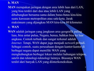 9
b. MAN
MAN merupakan jaringan dengan area lebih luas dari LAN,
yang bisa terdiri dari dua atau lebih LAN yang
dihubungkan bersama-sama dalam batas-batas kira-kira
suatu kawasan metropolitan atau satu kota. Jarak
maksimum yang dijangkau MAN kira-kira 80 kilometer.
c. WAN
WAN adalah jaringan yang jangkaun area geografik paling
luas, bisa antar pulau, Negara, benua, bahkan bisa ke luar
angkasa. Contoh terbaik dan sangat terkenal adalah
Internet. Tetapi, WAN dapat juga menjadi network pribadi.
Sebagai contoh, suatu perusahaan dengan kantor-kantor di
berbagai negara dapat memiliki WAN yang
menghubungkan berbagai lokasi melalui hubungan telepon,
satelit dan teknologi-teknologi lainnya. Biasanya WAN
terdiri dari banyak LAN yang diinterkoneksikan.
 