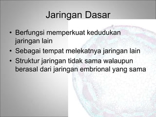 Jaringan Dasar
• Berfungsi memperkuat kedudukan
jaringan lain
• Sebagai tempat melekatnya jaringan lain
• Struktur jaringan tidak sama walaupun
berasal dari jaringan embrional yang sama
 