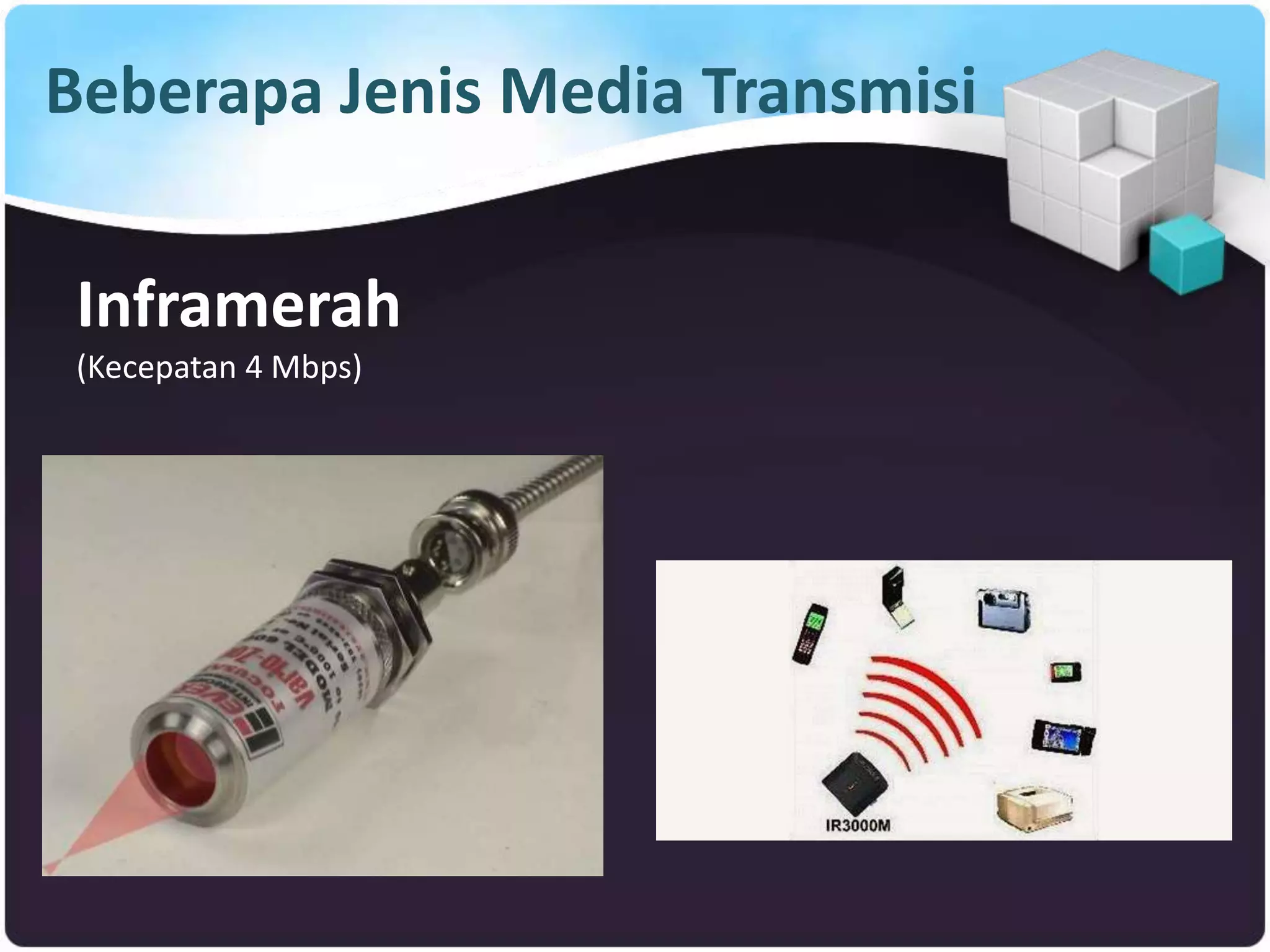 Beberapa Jenis Media Transmisi
Inframerah
(Kecepatan 4 Mbps)
 