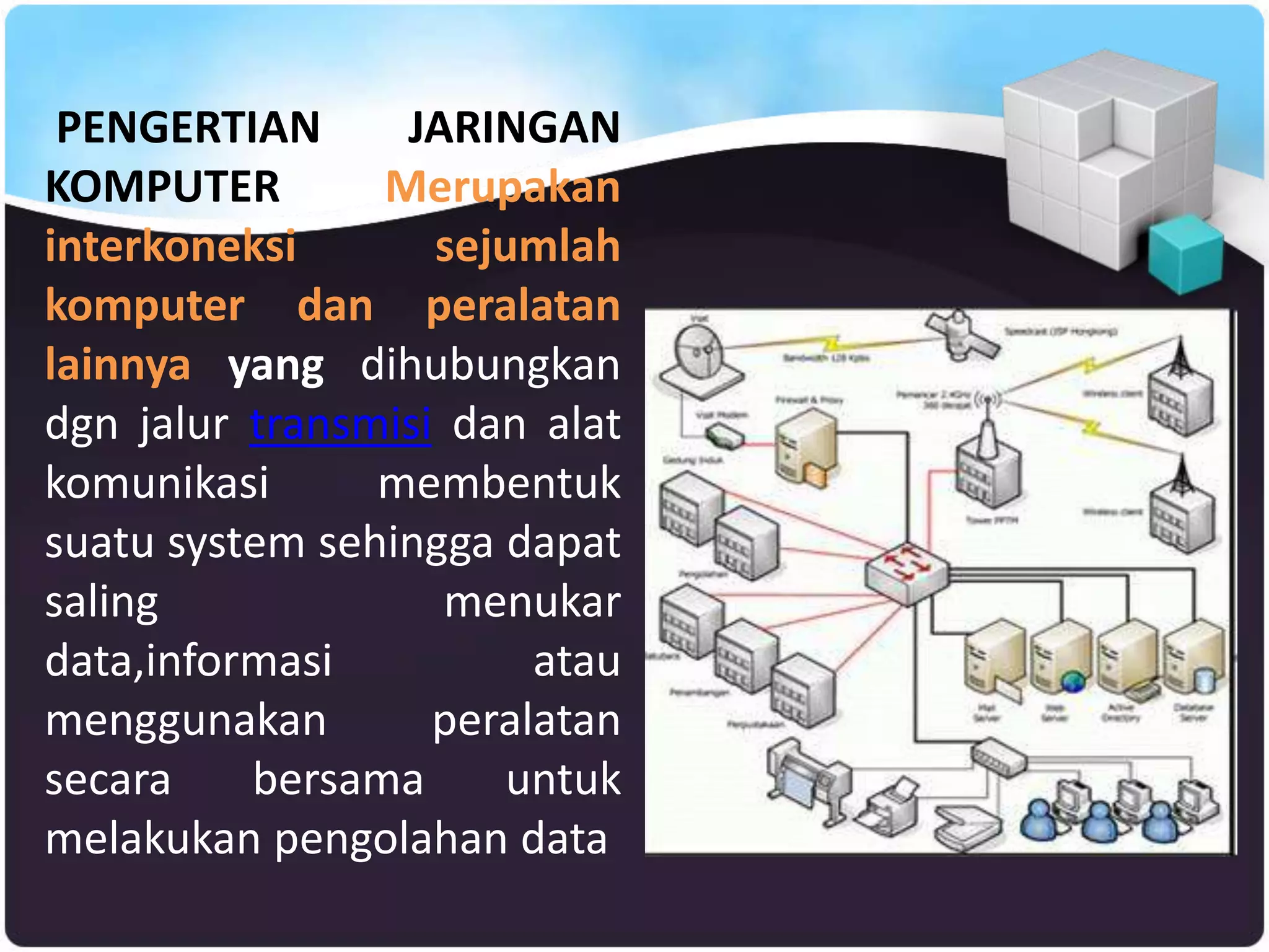 PENGERTIAN JARINGAN
KOMPUTER Merupakan
interkoneksi sejumlah
komputer dan peralatan
lainnya yang dihubungkan
dgn jalur transmisi dan alat
komunikasi membentuk
suatu system sehingga dapat
saling menukar
data,informasi atau
menggunakan peralatan
secara bersama untuk
melakukan pengolahan data
 
