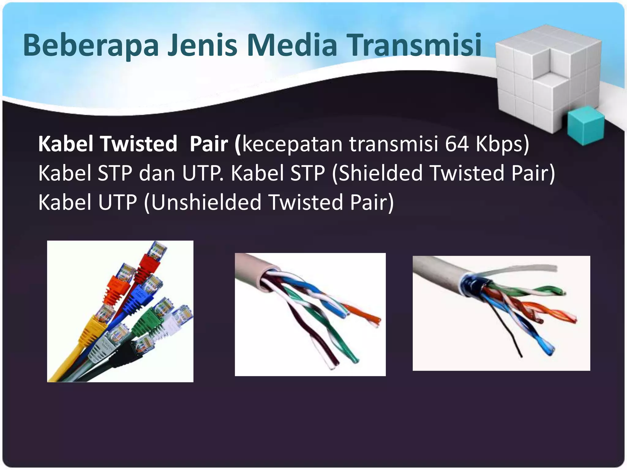 Beberapa Jenis Media Transmisi
Kabel Twisted Pair (kecepatan transmisi 64 Kbps)
Kabel STP dan UTP. Kabel STP (Shielded Twisted Pair)
Kabel UTP (Unshielded Twisted Pair)
 