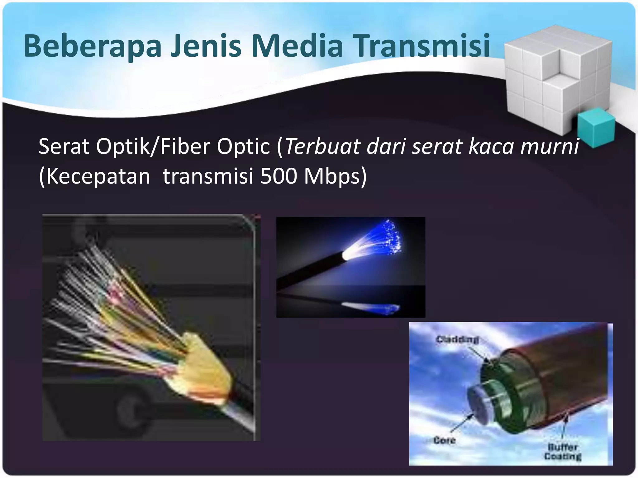 Beberapa Jenis Media Transmisi
Serat Optik/Fiber Optic (Terbuat dari serat kaca murni
(Kecepatan transmisi 500 Mbps)
 