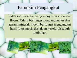 Parenkim Pengangkut
Salah satu jaringan yang menyusun xilem dan
floem. Xilem berfungsi mengangkut air dan
garam mineral. Floem berfungsi mengangkut
hasil fotosintesis dari daun keseluruh tubuh
tumbuhan.
 