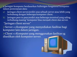 2.Jaringan komputer berdasarkan hubungan fungsional komputer
dalam pemrosesan data:
a) Jaringan client server,terdiri atas sebuah server atau lebih yang
     terhubung dengan beberapa komputer client.
b) Jaringan peer to peer,terdiri atas beberapa terminal yang saling
     terhubung.masing” komputer bisa menjadi client dan server.
“Jaringan client server”
Server =>Komputer yang menyediakan fasilitas bagi
komputer lain dalam jaringan.
Client =>Komputer yang menggunakan fasilitas yg
disedikan oleh komputer server.
 